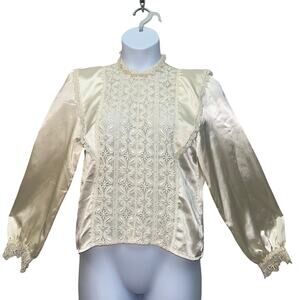 VINTAGE 80s Illustrations Satin and Lace Romantic Prairie Blouse Size Small